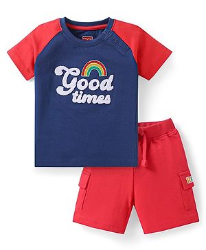Babyhug Single Jersey Knit Half Raglan Sleeves T-Shirt & Shorts Set With Good Times Print - Navy Blue & Red