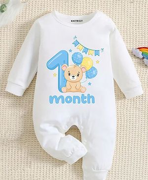 KNITROOT Teddy Theme Full Sleeves 1 Month Text Printed Romper - White