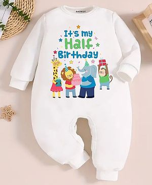 KNITROOT Birthday Theme Full Sleeves Its My Half Birthday Text Printed Romper - White