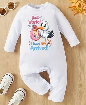 KNITROOT New Born Theme Full Sleeves Hello World I Have Arrived Text Printed Romper - White