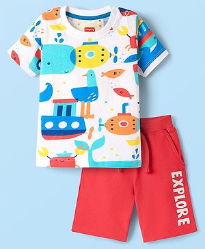 Babyhug Single Jersey Knit Half Sleeves T-Shirt and Shorts Set with Sea Life Print - White & Red
