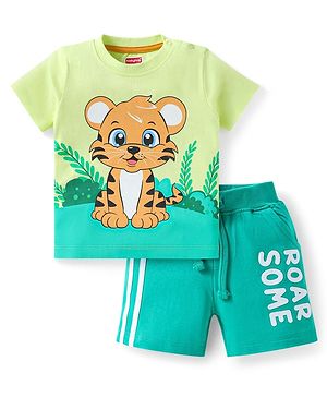 Babyhug Single Jersey Knit Half Sleeves T-Shirt & Shorts Set With Tiger Print - Light Green