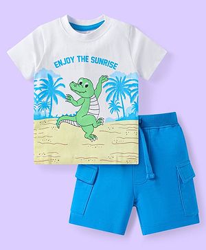 Babyhug Single Jersey Knit Half Sleeves T-Shirt & Shorts Set With Dino Print - White & Blue