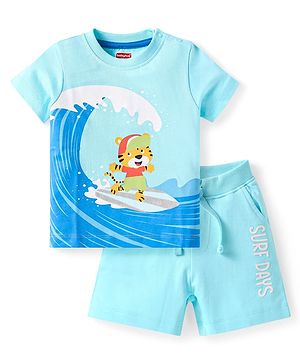 Babyhug Single Jersey Knit Half Sleeves T-Shirt & Shorts Set With Tiger Print - Light Blue