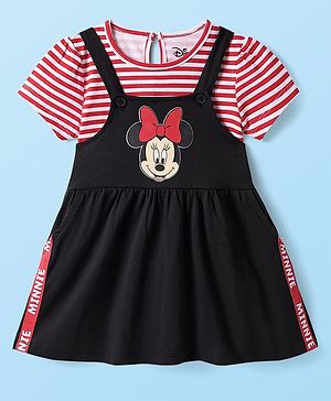 Babyhug Disney  Single Jersey Knit Half Sleeves Frock & T-Shirt With Minnie Mouse Graphics And Tape Detailing - Red & Black