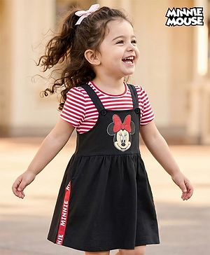 Babyhug Disney  Single Jersey Knit Half Sleeves Frock & T-Shirt With Minnie Mouse Graphics And Tape Detailing - Red & Black