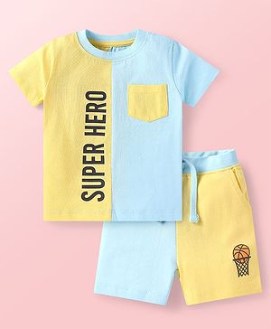 Babyhug Single Jersey Knit Half Sleeves T-Shirt & Shorts Set With Cut & Sew Design & Text Print - Light Blue & Yellow