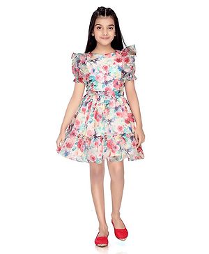 Tiny Girl Half Sleeves Floral Printed Fit & Flared Dress - Multi Colour