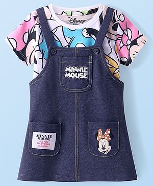Babyhug Disney Single Jersey Knit Dungaree Style Frock with Half Sleeves T-Shirt & Minnie Mouse Graphics & Badge Detailing - Navy Blue