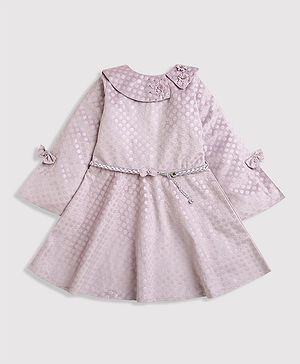 Tiny Girl Full Bell Sleeves Bow & Floral Applique Detailed Textured Dress With Belt - Lavender