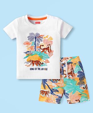 Babyhug Single Jersey Knit Half Sleeves T-Shirt & Shorts Set With Tiger Print - White & Multicolor