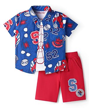 Babyhug Marvel Single Jersey Knit Half Sleeves Spider Man Printed Shirt T-Shirt & Shorts Set - Blue Red & White