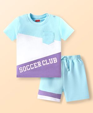 Babyhug Single Jersey Knit Half Sleeves T-Shirt & Shorts Set With Cut & Sew Design & Text Print - Light Blue White & Purple
