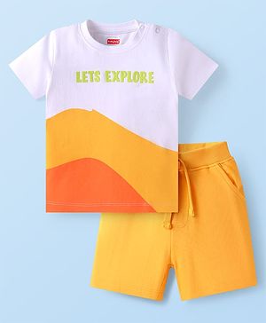 Babyhug Single Jersey Knit Half Sleeves T-Shirt & Shorts Set With Text Print & Color Block Design - White & Orange