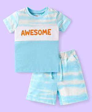 Babyhug Single Jersey Knit Half Sleeves T-Shirt & Shorts Set With Cut & Sew Design & Awesome Print - Light Blue