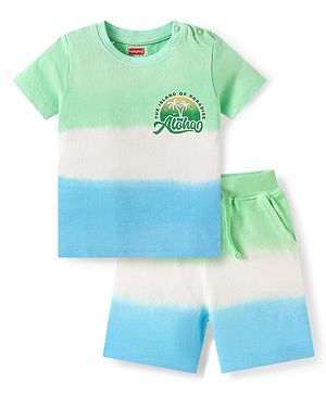Babyhug Single Jersey Knit Half Sleeves T-Shirt & Shorts Set With Color Block Design & Aloha Print - Sea Green White & Light Blue