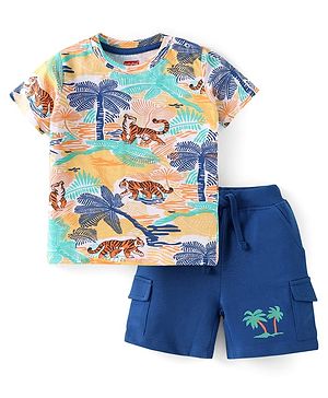 Babyhug Single Jersey Knit Half Sleeves Jungle Print T-Shirt & Shorts Set - Blue