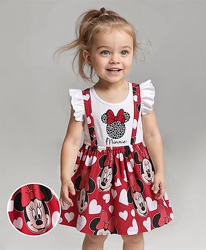 Babyhug Disney Single Jersey Knit Frill Sleeves Frock with Minnie Mouse Graphics - White & Red