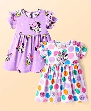 Babyhug Disney Single Jersey Knit Half Sleeves Frocks With Minnie Mouse Graphics & Frill Detailing Pack of 2 - White & Mauve