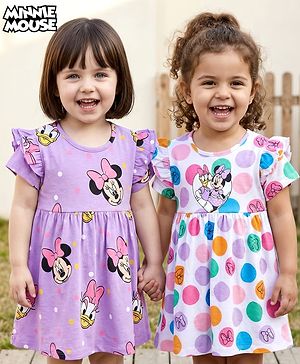 Babyhug Disney Single Jersey Knit Half Sleeves Frocks With Minnie Mouse Graphics & Frill Detailing Pack of 2 - White & Mauve