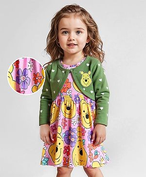 Babyhug Disney Single Jersey Knit Full Sleeves Shrug & Winnie The Pooh Printed Frock - Pink & Green