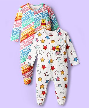 Babyhug Disney Cotton Knit Full Sleeves Footed Sleep Suits with Winnie the Pooh Graphics Pack of 2 - White