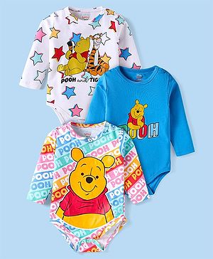 Babyhug Disney Interlock Knit Full Sleeves Onesies with Winnie the Pooh Graphics Pack of 3 - Blue & White