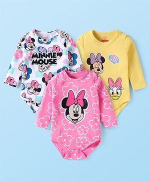Babyhug Disney Interlock Knit Full Sleeves Onesies with Minnie Mouse Graphics Pack of 3 - White Pink & Yellow