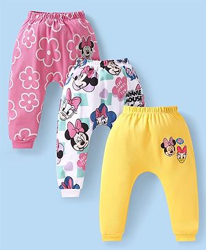 Babyhug Disney Interlock Knit Full Length Diaper Leggings With Minnie Mouse Graphics Pack Of 3 - Pink Yellow & White