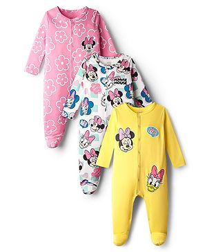 Babyhug Disney Interlock Knit Full Sleeves Footed Sleep Suits with Minnie Mouse Graphics Pack of 3 - White Yellow & Pink
