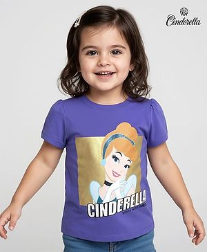 Babyhug Disney Single Jersey Knit Half Sleeves T-Shirt With Cindrella Graphic & Gold Foil Detailing - Purple