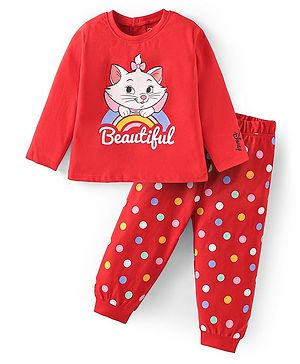 Babyhug Disney Single Jersey Knit Full Sleeves Night Suit With Marie Graphics & Badge Detailing - Red