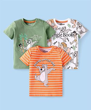 Babyhug Disney Single Jersey Knit Half Sleeves T-Shirts with Stripes & Mowgli Graphic Pack of 3 - Orange White & Olive Green