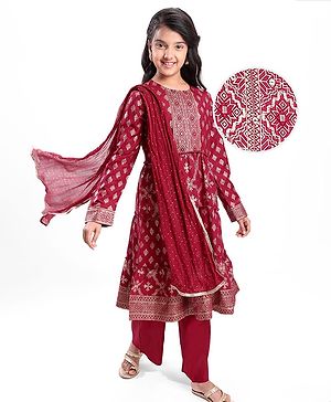 Pine Kids Viscose Woven Full Sleeves Foil Printed Kurta Churidar Set with Dupatta - Maroon