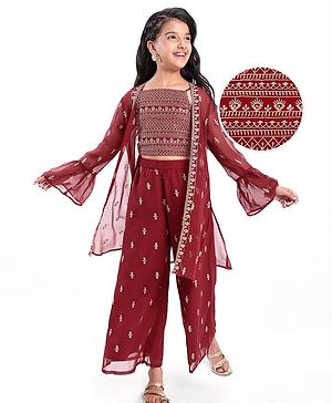 Pine Kids  Woven  Top and Palazzo with Full Sleeves Sequin Detailing Shrug - Maroon