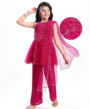 Pine Kids Woven Sleeveless Floral Embroidered Kurti Salwar Set with Dupatta & Sequin Detailing - Dark Pink