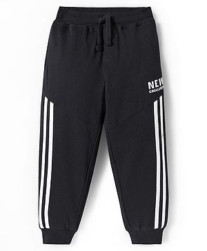 Pine Kids Cotton Knit Full Length Track Pants with Tape Detailing - Black