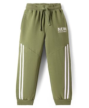 Pine Kids Cotton Knit Full Length Text Printed Lounge Pant with Cut & Sew Design - Olive Green