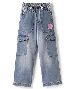 Pine Kids Denim Woven Full Length Washed Jeans With Text Patch & Cargo Pockets - Blue
