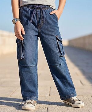 Pine Kids Denim Woven Full Length Washed Jeans with Pockets  - Navy Blue