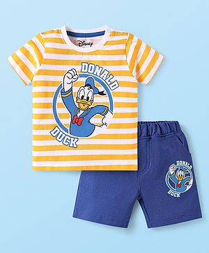 Babyhug Disney Single Jersey Knit Half Sleeves Striped T-Shirt & Shorts Set with Donald Duck Graphics - Yellow & Blue