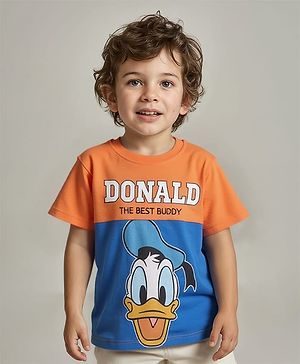 Babyhug Disney Single Jersey Knit Half Sleeves Cut & Sew T-Shirt with Donald Duck Graphic - Blue & Orange