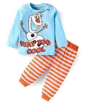 Babyhug Disney Single Jersey Knit Full Sleeves Night Suit Set With Olaf Graphic - Light Blue & Orange
