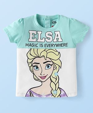 Babyhug Disney Single Jersey Knit Half Sleeves Cut & Sew Top with Elsa Graphic - White & Mint