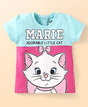 Babyhug Disney Single Jersey Knit Half Sleeve Cut & Sew T-Shirt With Marie Graphic - Aqua Blue