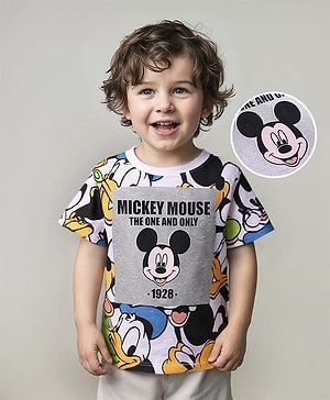 Babyhug Disney Single Jersey Knit Half Sleeve T-Shrit With Mickey Mouse & Friend With Silver Foil Detailing - White