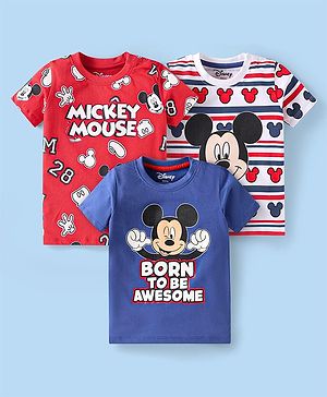 Babyhug Single Jersey Knit Half Sleeves T-Shirt with Mickey Mouse Graphic & Stripes Pack of 3 - Red Blue & White