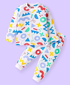 Babyhug Cotton Knit Full Sleeves Night Suit with Maths Print - White