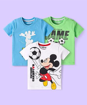Babyhug Disney Single Jersey Knit Half Sleeves T-Shirts with Mickey Mouse Graphic Pack of 3 - White Blue & Light Green