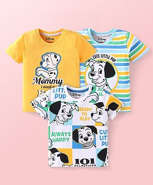 Babyhug Disney Single Jersey Knit Half Sleeves T-Shirts with 101 Dalmatians Graphics Pack of 3 - Yellow White & Blue